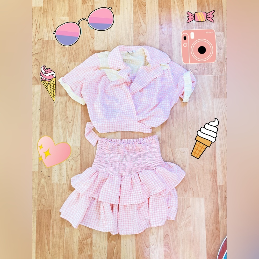 Unique Vintage Pink Daisy Gingham Star Crop Wrap Top & Mini Skirt Size XL